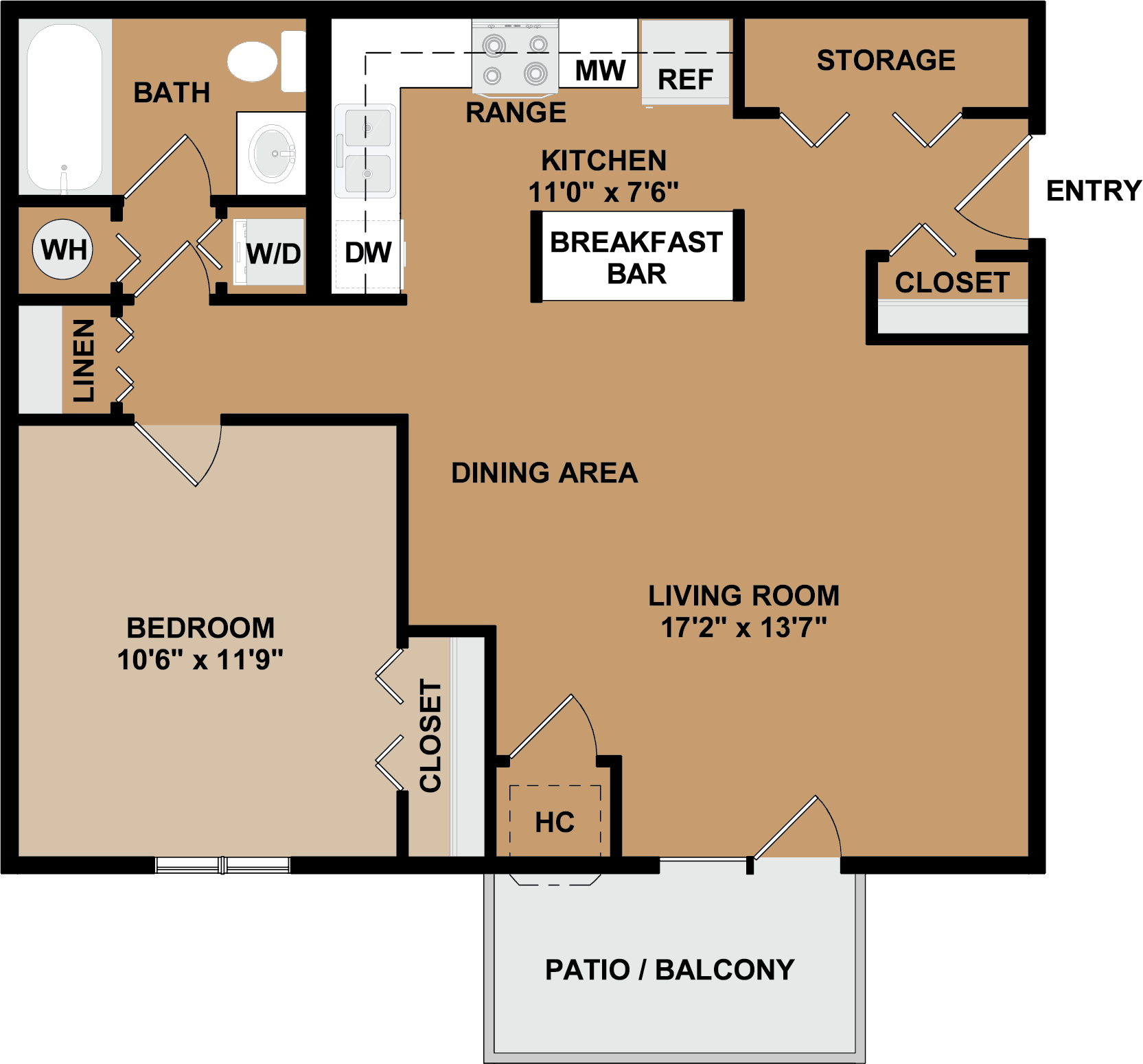 Floor plan for 1 bed, 1 bath, 696 sqft